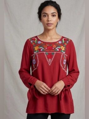 JODIFL Burgundy Long-Sleeve Embroidered Boho Blouse PTP 19’